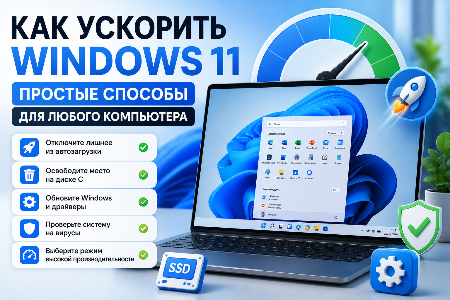 Ноутбук с Windows 11 на рабочем столе, рядом открыты настройки производительности, автозагрузки и памяти в спокойных серых тонах