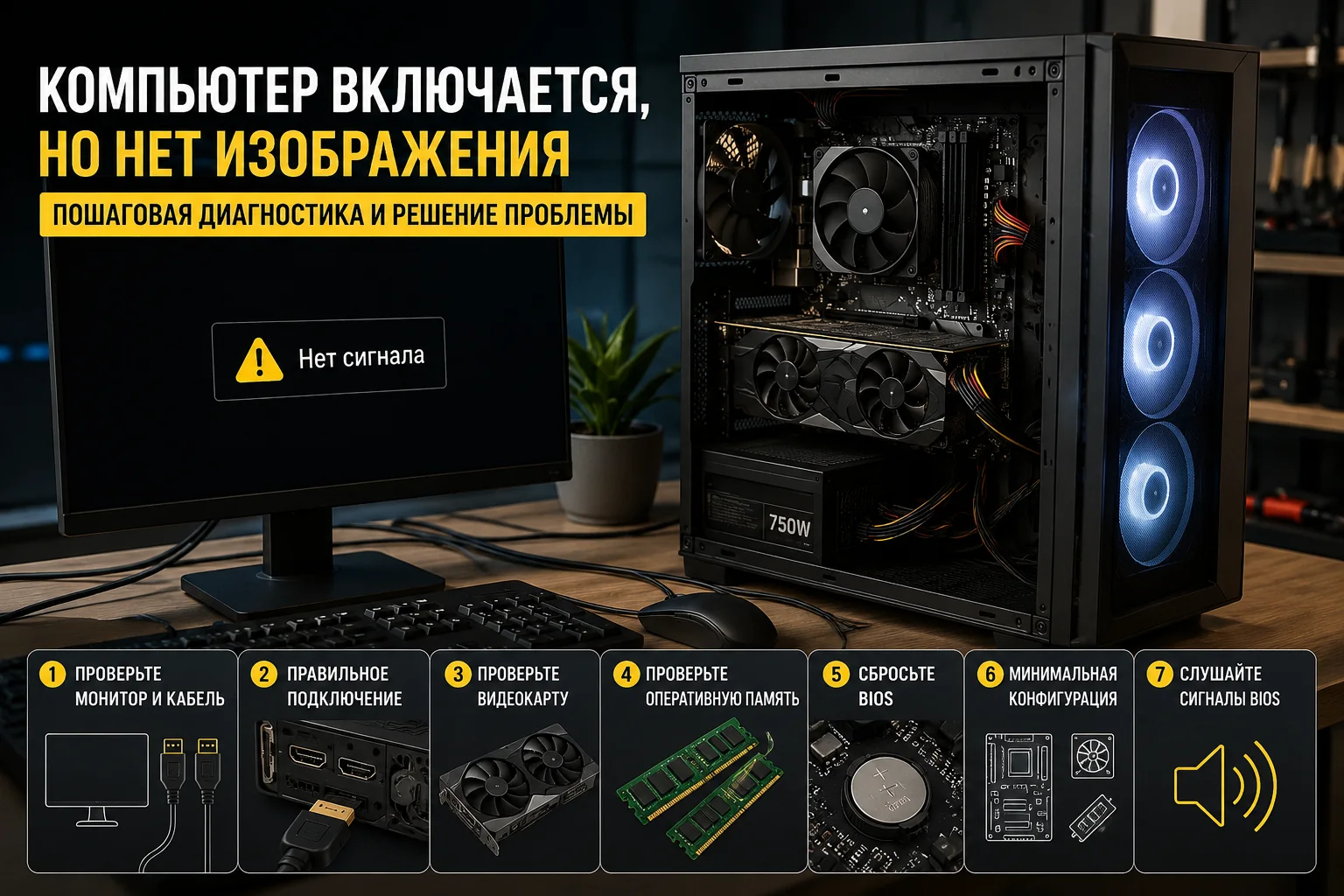 Открытый системный блок рядом с монитором без изображения, видны кабели, видеокарта и планка памяти на рабочем столе