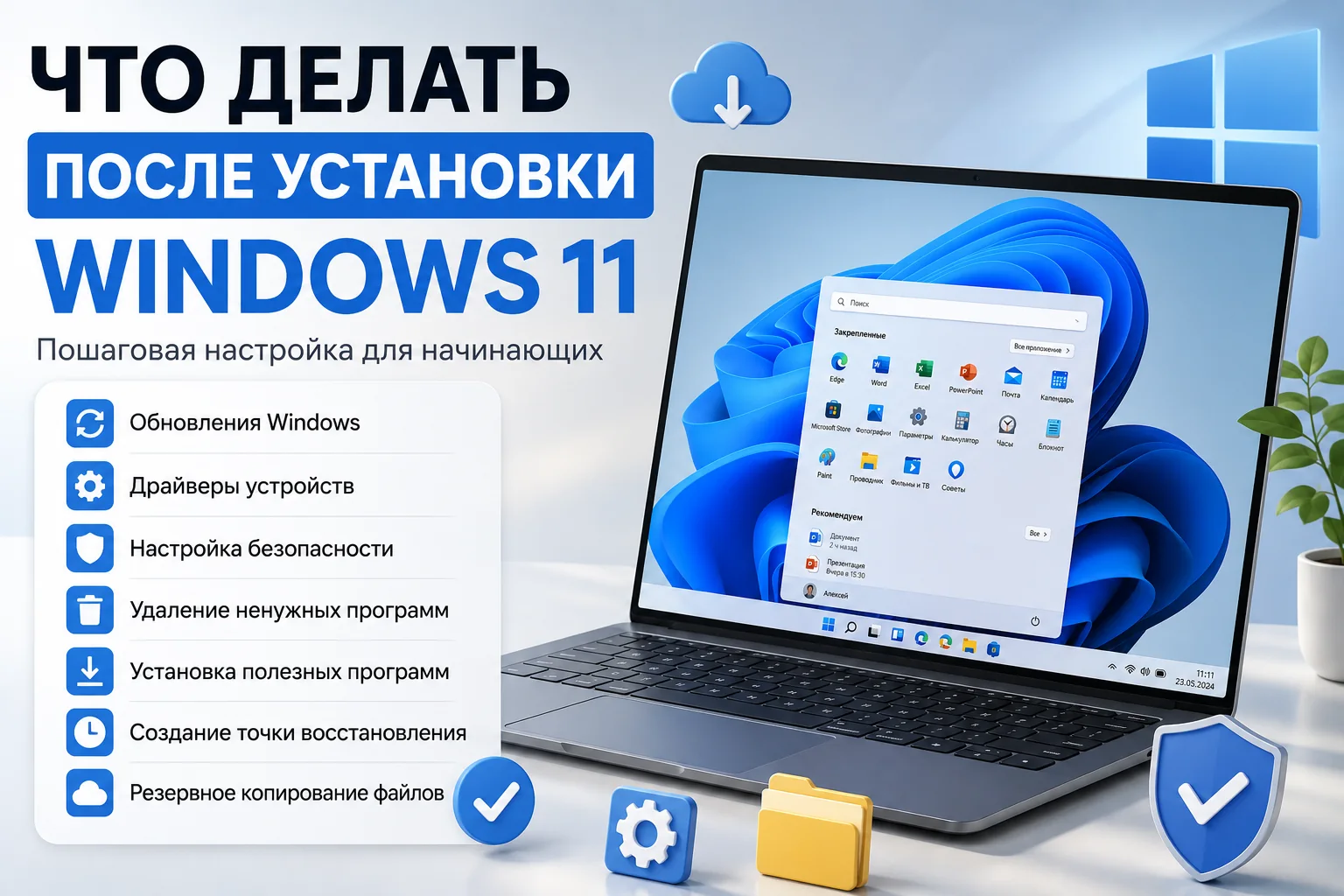 Ноутбук с Windows 11 на экране и открытыми системными настройками в спокойной серой рабочей обстановке