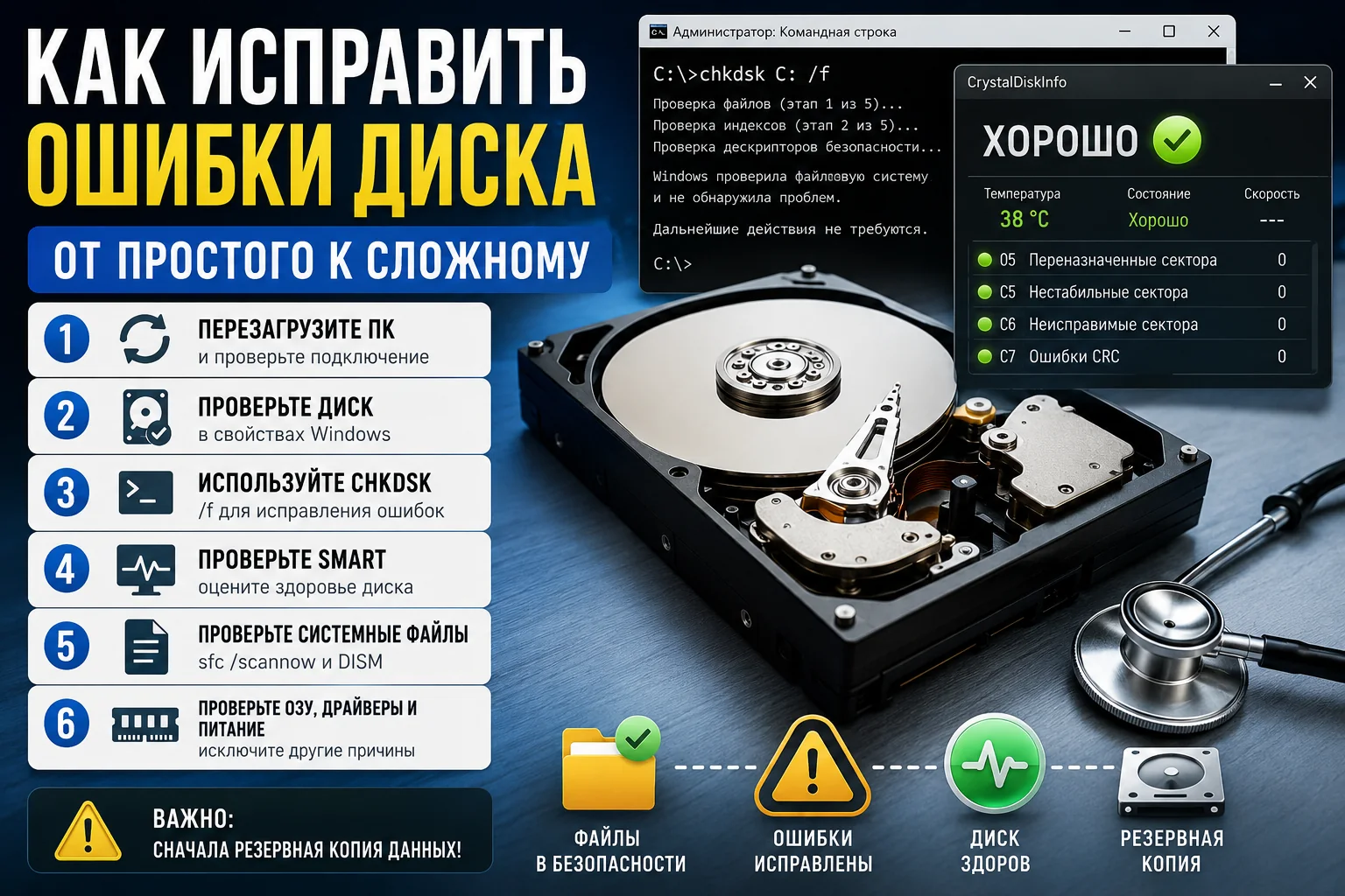 Ноутбук с окном проверки диска Windows, рядом лежат SSD и жёсткий диск на сером рабочем столе