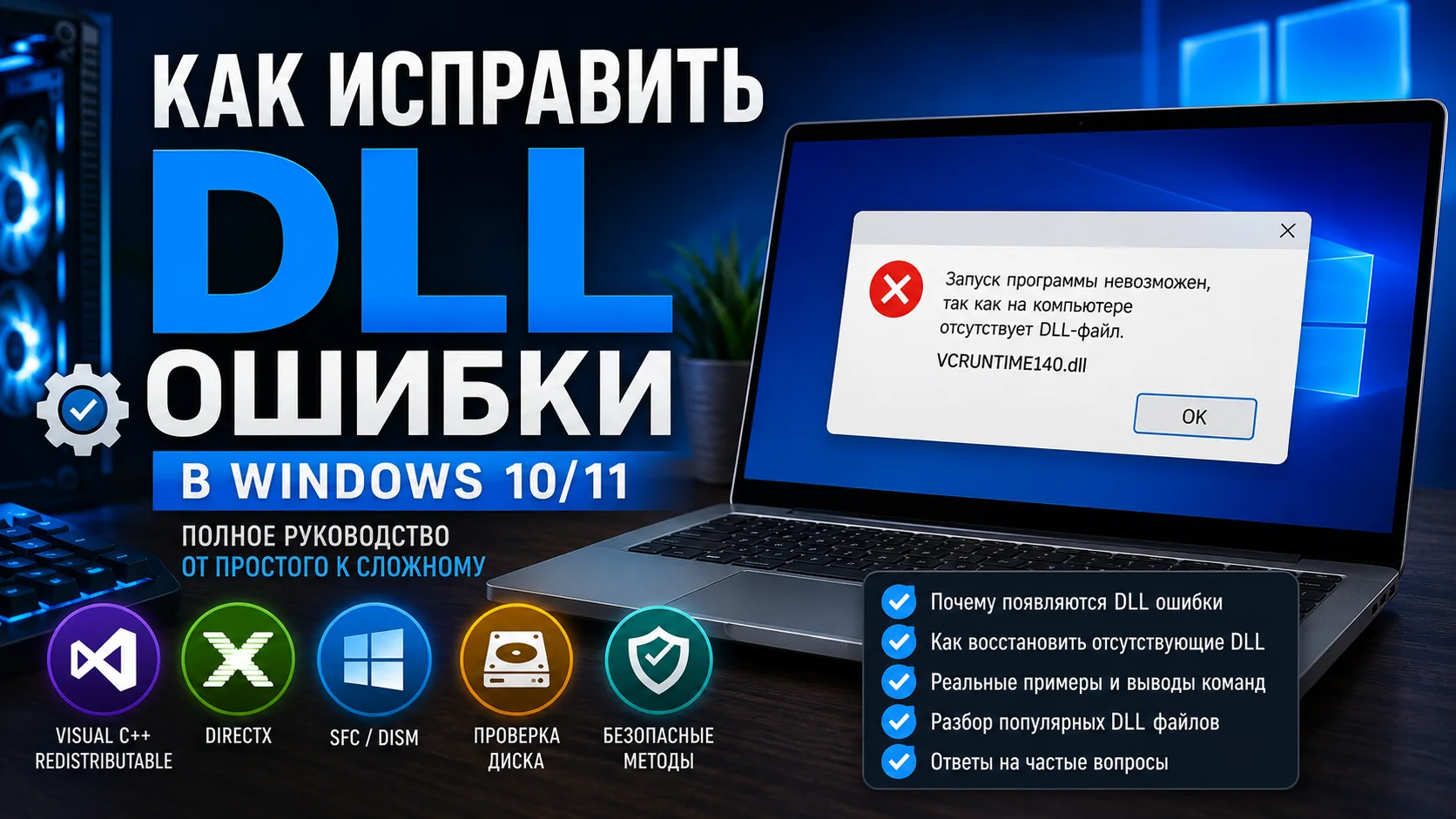 Ноутбук с системным окном ошибки об отсутствующей DLL в Windows, рядом значки щита, шестерёнки и диагностики на спокойном сером фоне.
