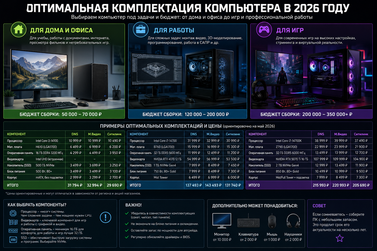 Оптимальная комплектация компьютера в 2026 году: сборки для дома, работы и игр
