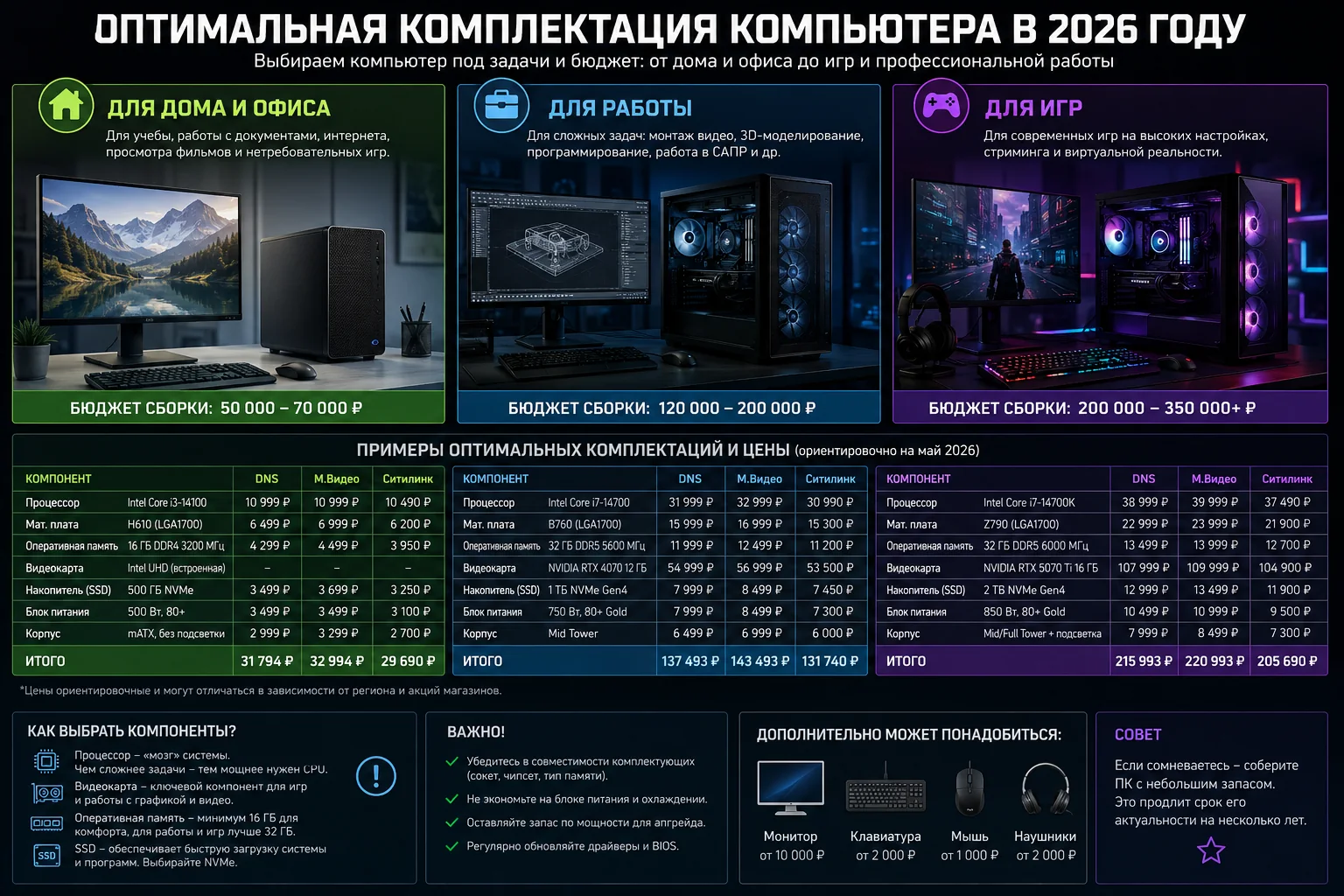Компоненты для сборки ПК 2026 года: процессор AMD Ryzen, видеокарта GeForce RTX, модули памяти DDR5 и SSD M.2 на сером фоне.