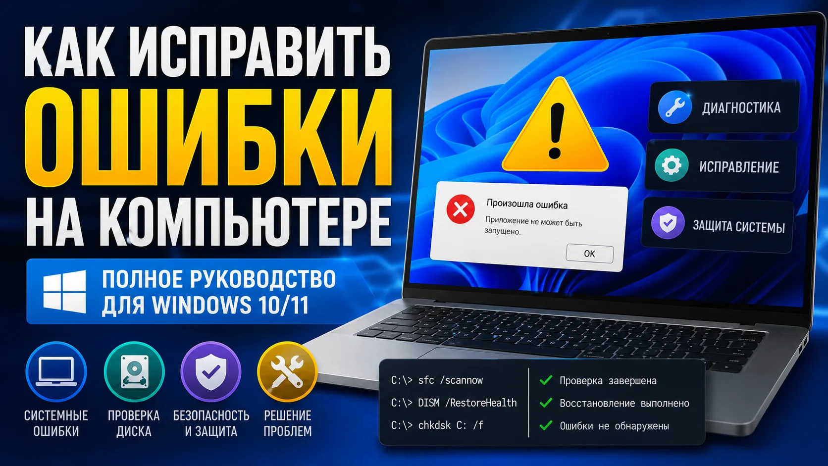 Ноутбук с открытым окном параметров системы и командной строкой на сером рабочем столе, рядом минималистичные значки диагностики, обновления и восстановления.