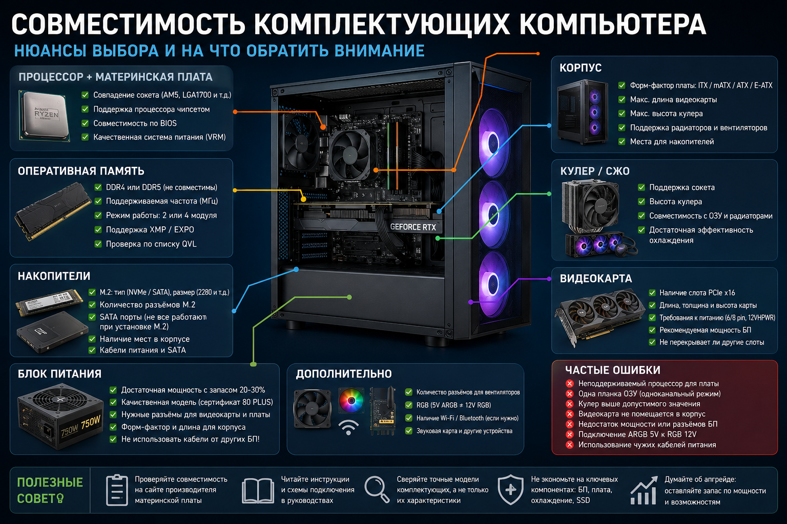 Открытый корпус ПК с материнской платой, видеокартой, башенным кулером и кабелями питания на столе, рядом лежат модули памяти и SSD для проверки совместимости