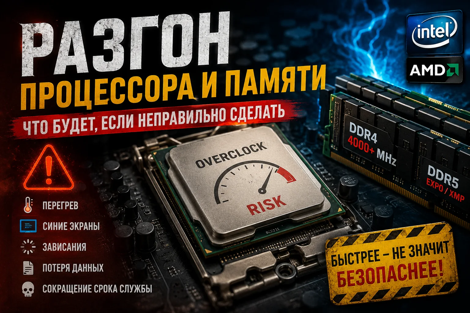 Крупный план материнской платы с процессором и модулями памяти, рядом интерфейс BIOS с настройками частоты и напряжения в серо-графитовых тонах