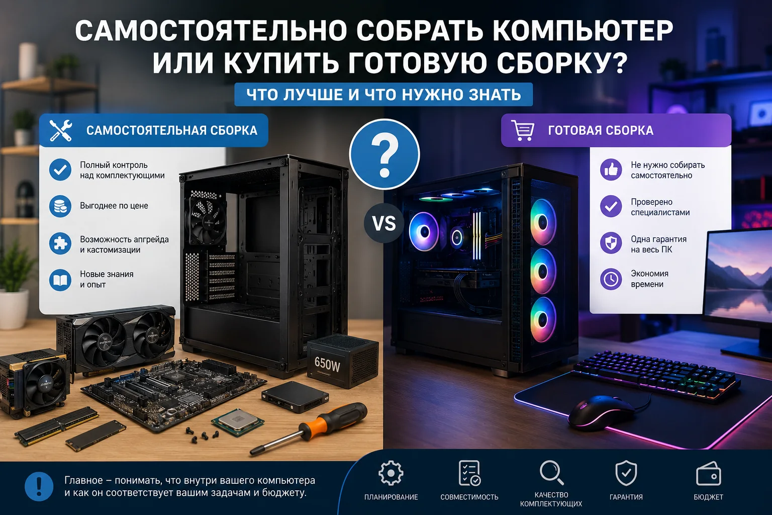Системный блок на столе рядом с коробками комплектующих, видеокартой и отвёрткой — иллюстрация выбора между самостоятельной сборкой и готовым ПК.