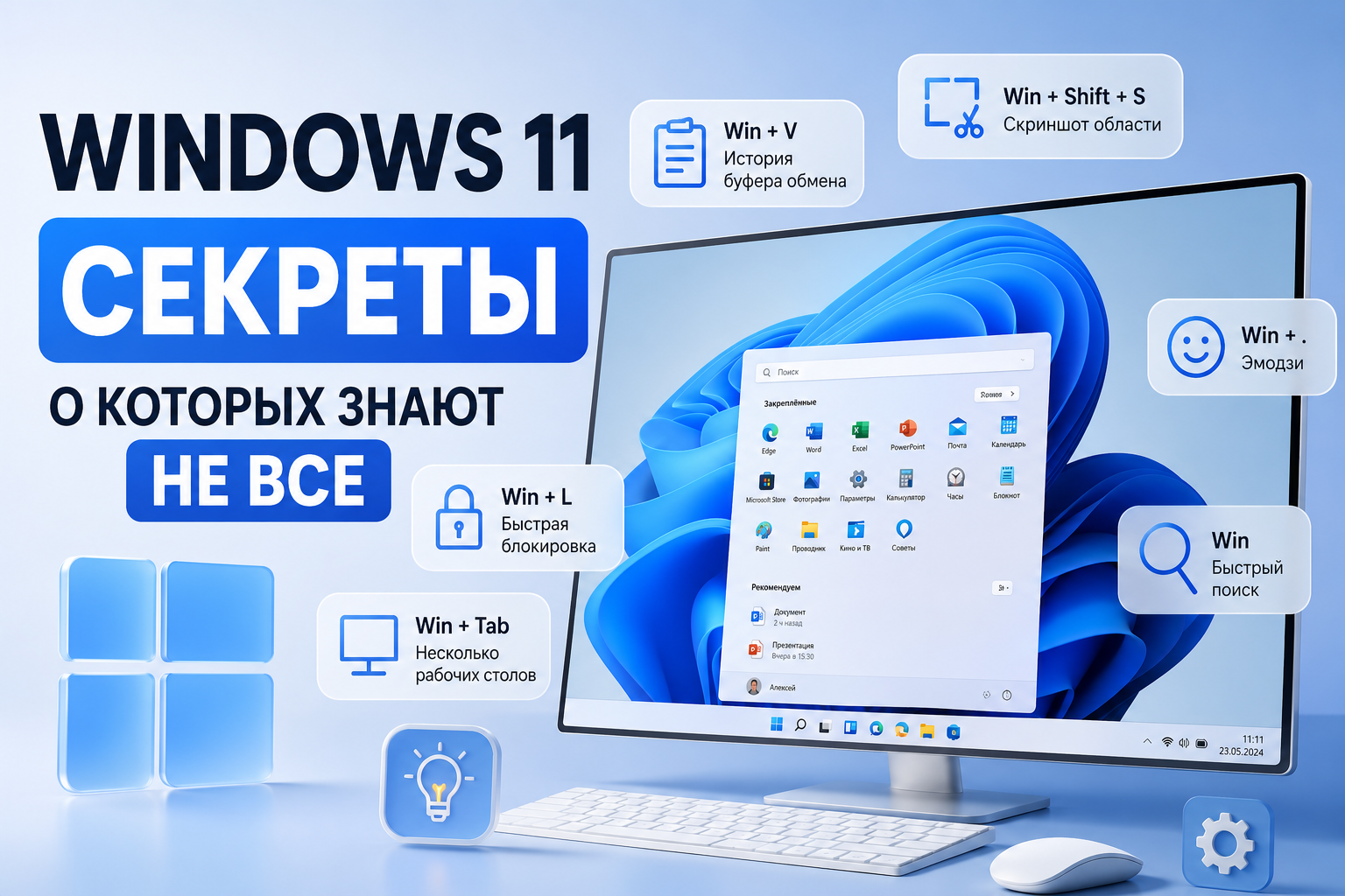 Ноутбук с Windows 11 на сером рабочем столе, рядом клавиатура и минималистичные элементы интерфейса для многозадачности и скриншотов