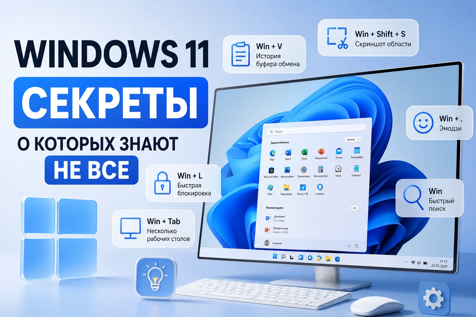 Ноутбук с Windows 11 на сером рабочем столе, рядом клавиатура и аккуратный интерфейс с несколькими окнами для многозадачности и скриншотов
