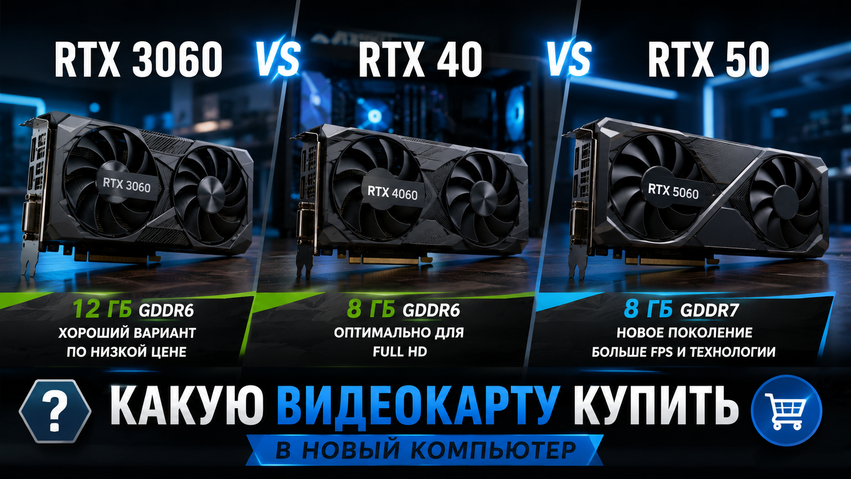 Несколько современных видеокарт рядом с корпусом ПК и монитором на нейтральном сером фоне