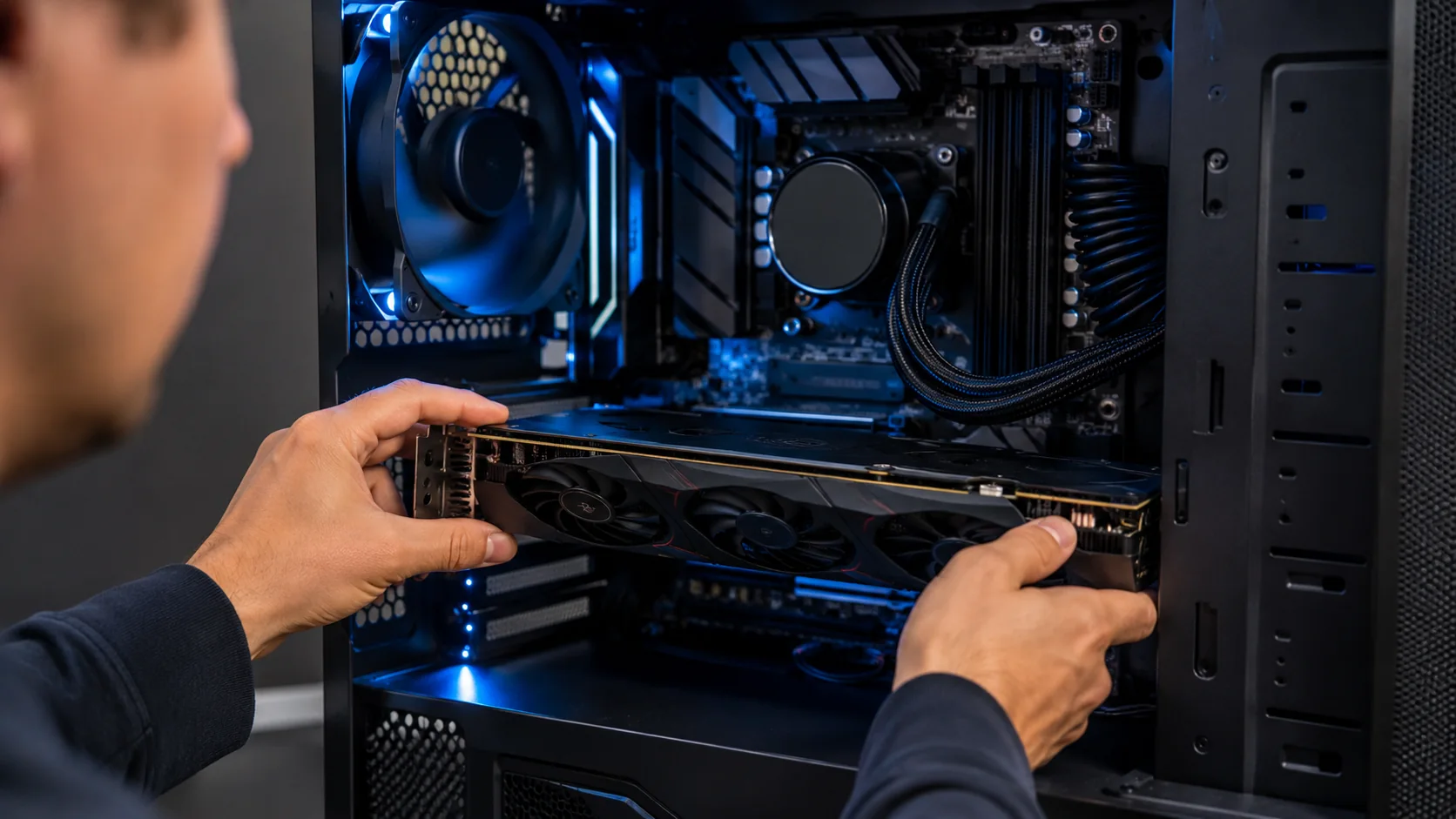 Открытый корпус ПК: видеокарта рядом с материнской платой, виден слот PCI Express x16 и кабели питания, спокойная серая IT-сцена