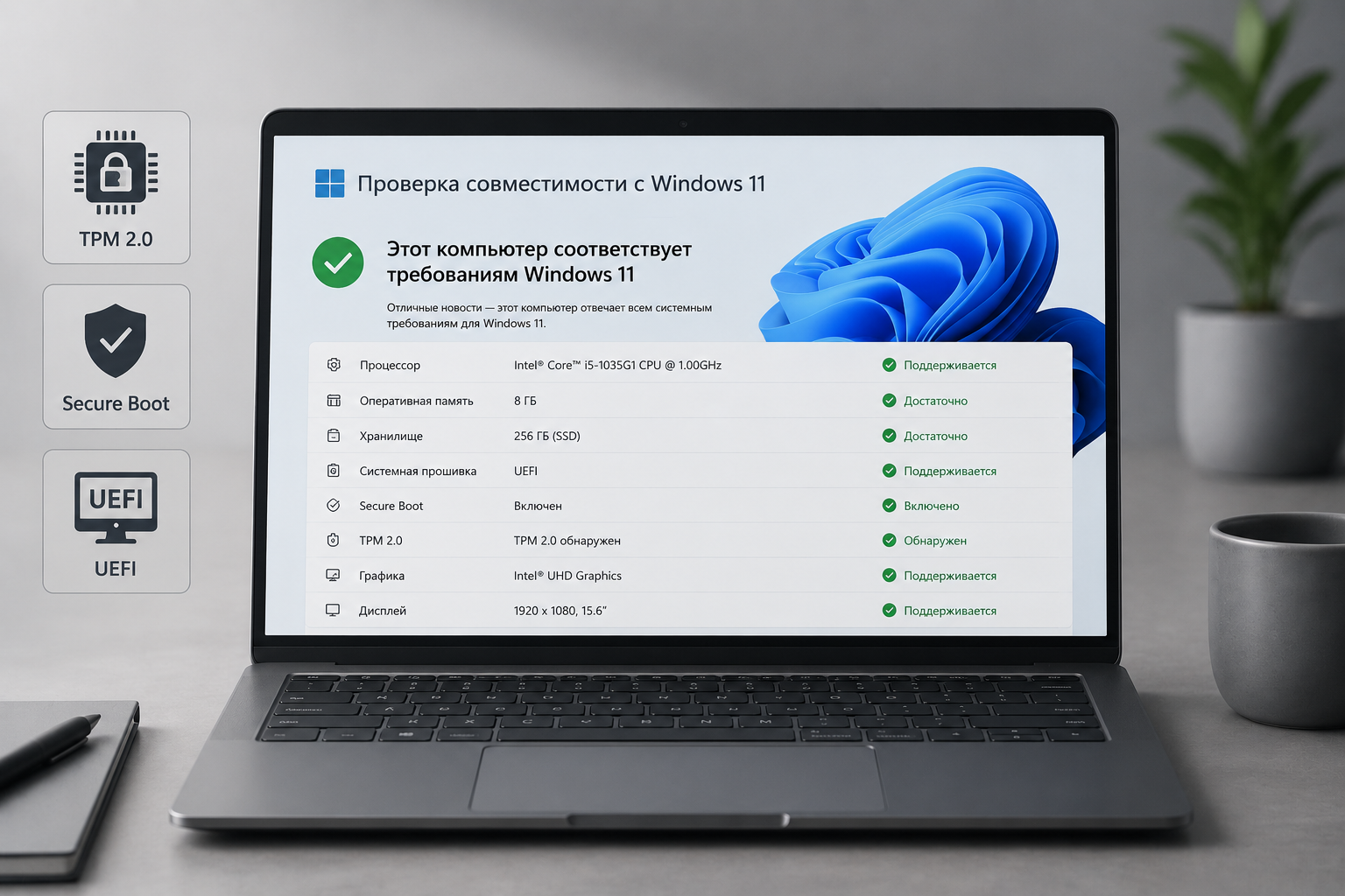 Ноутбук с экраном проверки совместимости Windows 11 и минималистичными значками TPM, Secure Boot и UEFI в спокойной серой палитре