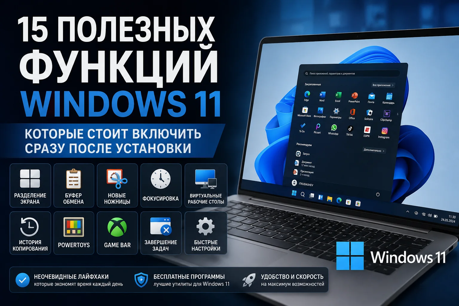 Ноутбук с Windows 11 на сером столе, открыты несколько окон в режиме разделения экрана и панель быстрых настроек