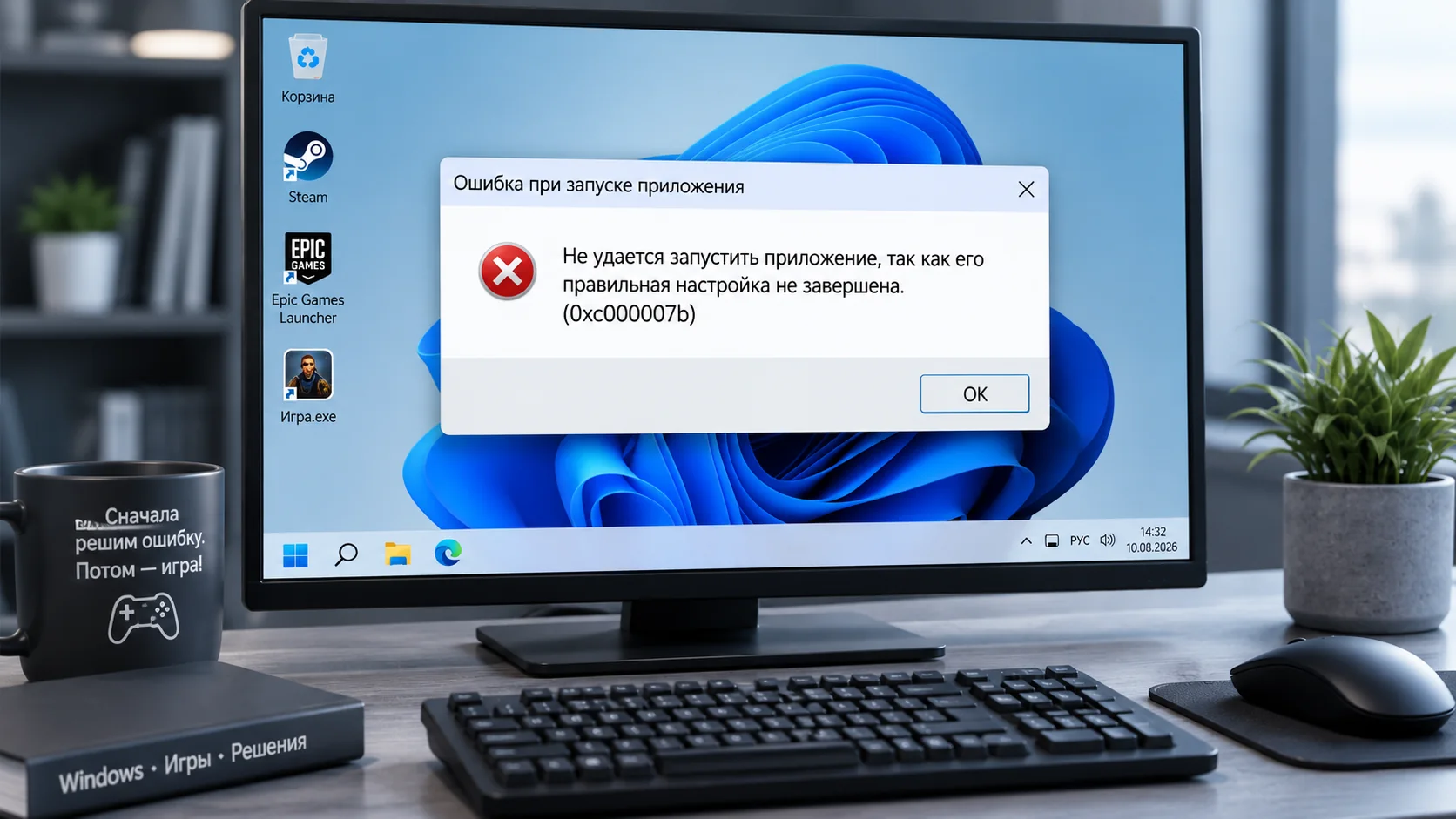 Окно ошибки запуска приложения 0xc000007b на экране Windows в нейтральном сером рабочем окружении