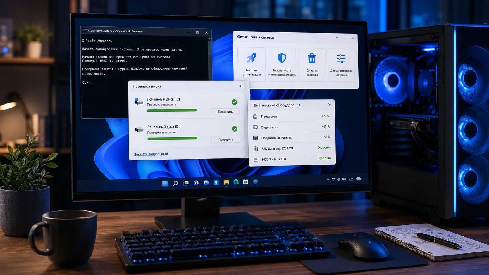 Ноутбук с Windows и несколькими окнами диагностики: состояние диска, температура компонентов, список процессов и проверка системных файлов