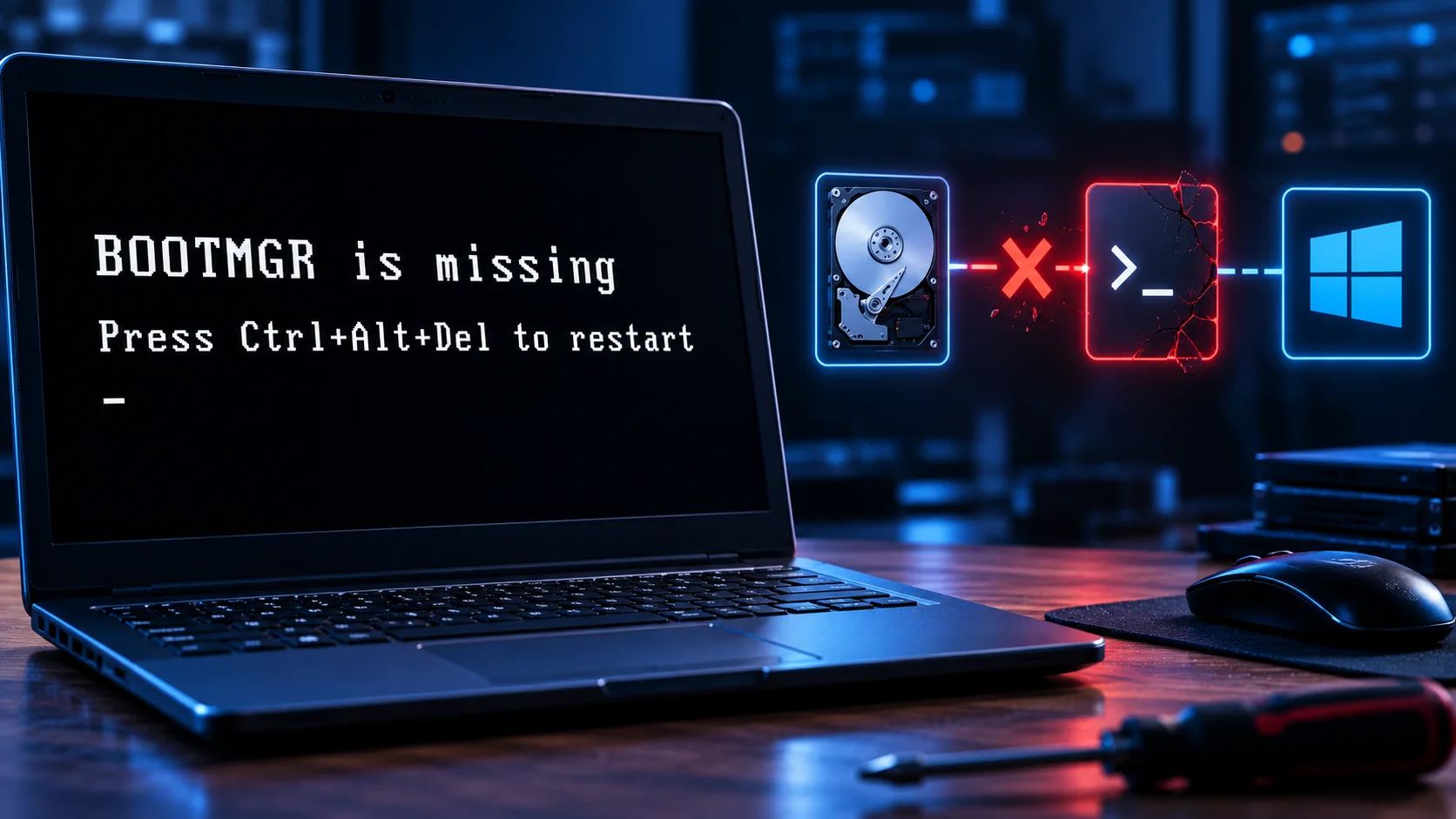 Чёрный экран с сообщением BOOTMGR is missing при запуске Windows