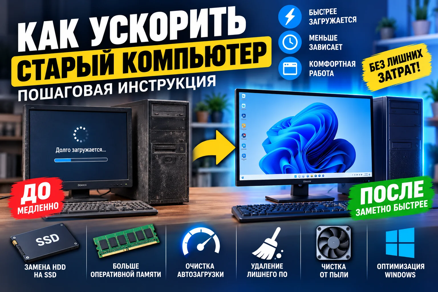 Старый настольный компьютер на сером фоне рядом с SSD и инструментами для диагностики