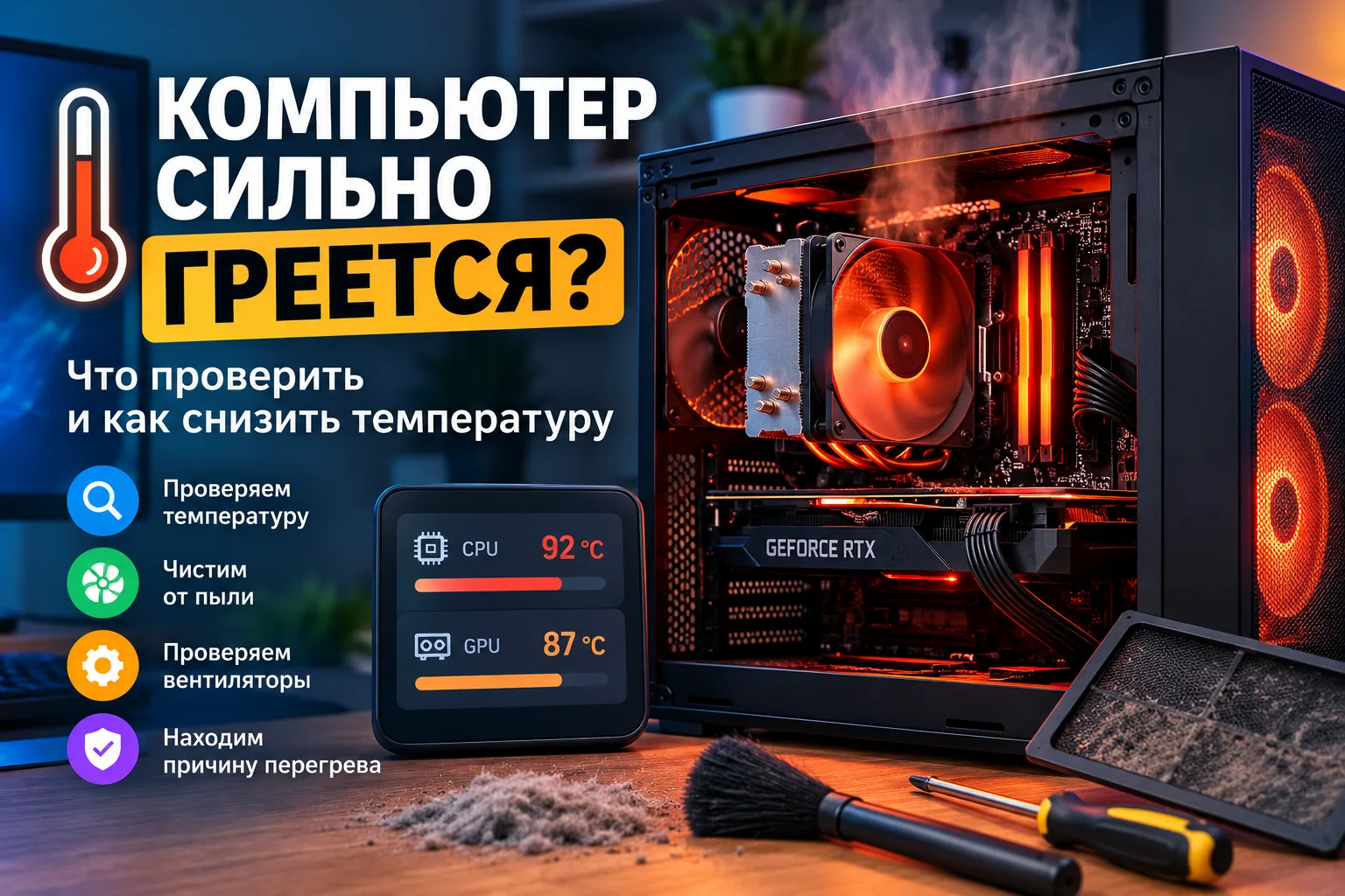 Системный блок и монитор рядом с инструментами для проверки перегрева компьютера