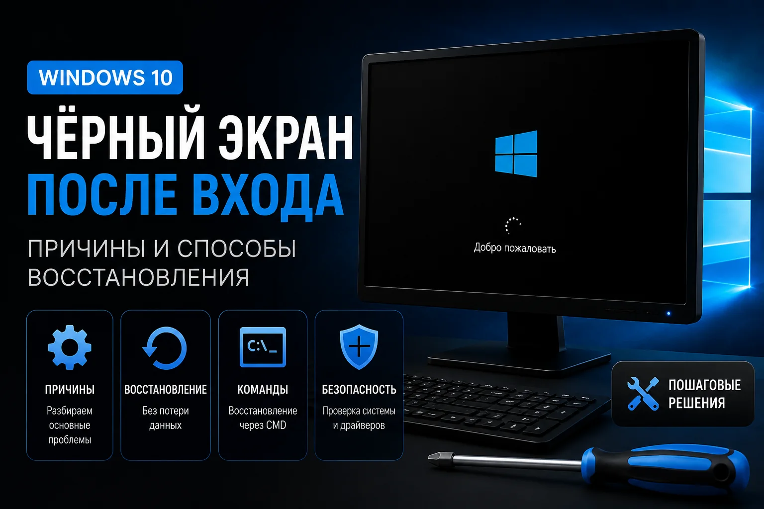 Монитор с чёрным экраном и видимым курсором мыши