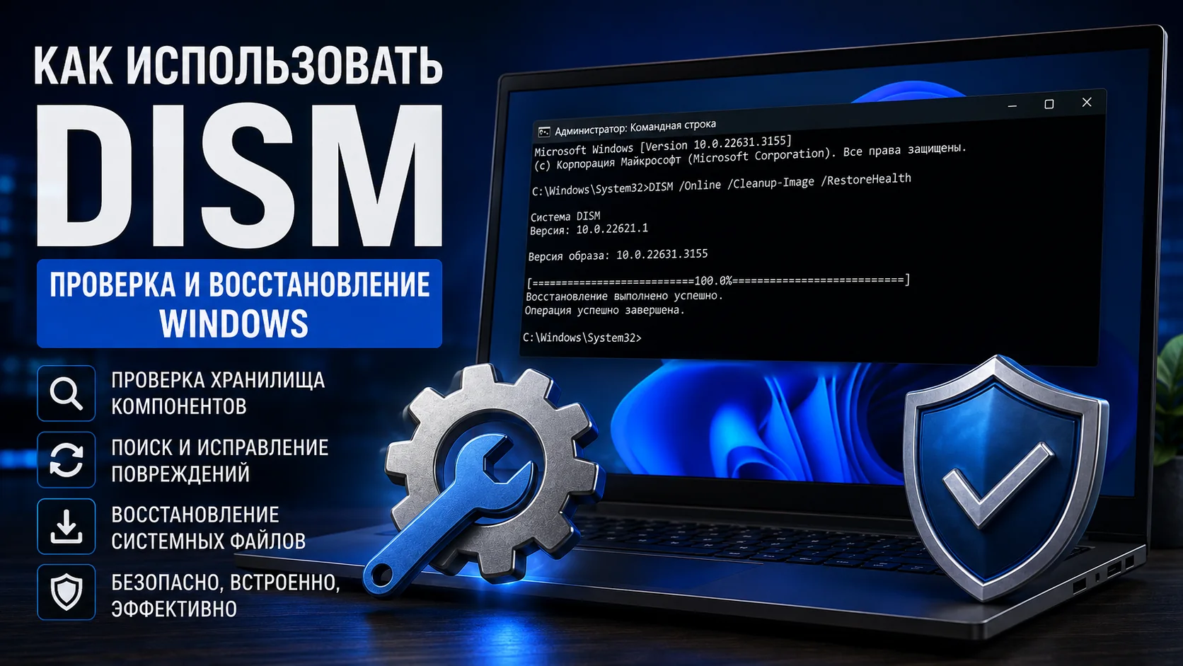 Окно Терминала Windows на сером фоне с нечитаемыми строками команд и визуальным акцентом на восстановлении системных компонентов.
