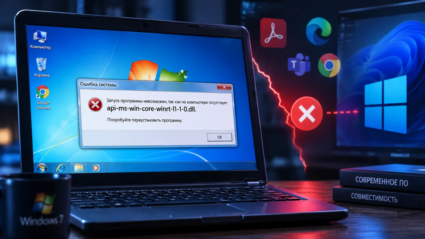 Обложка статьи об ошибке api-ms-win-core-winrt-l1-1-0.dll в Windows 7 и несовместимости программы с системой