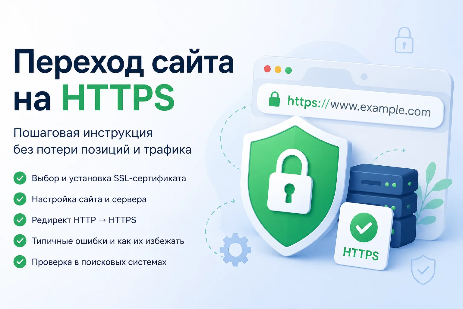 Схематичное изображение перехода сайта с HTTP на HTTPS: ноутбук, сервер, значок замка и стрелка перенаправления на спокойном сером фоне.