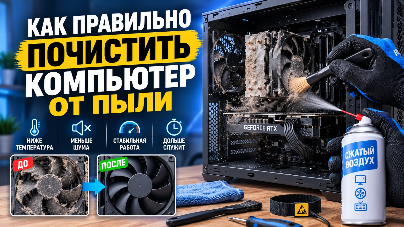 Системный блок и комплектующие для безопасной чистки компьютера от пыли