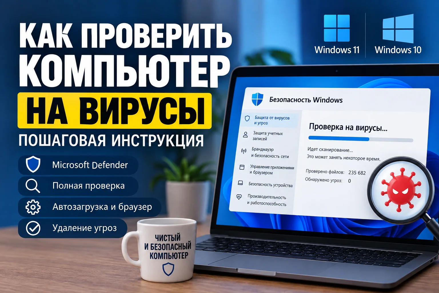 Ноутбук с открытым окном безопасности Windows и проверкой на вирусы на сером фоне