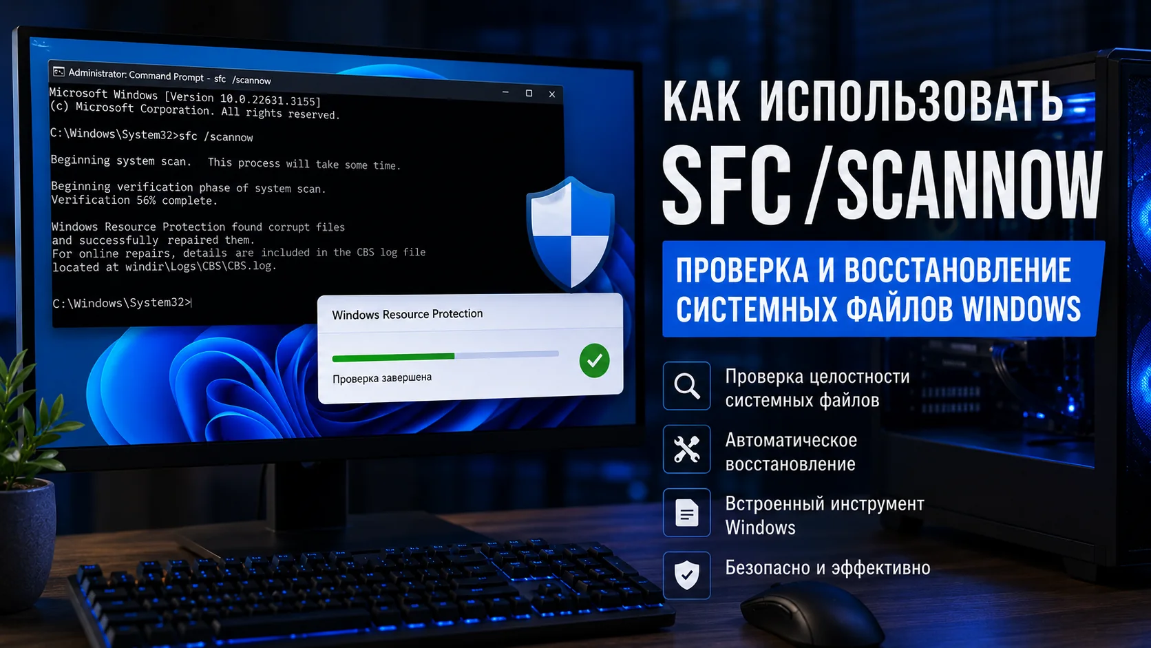 Ноутбук с Windows 11 и тёмным окном терминала на сером рабочем столе, иллюстрация проверки системных файлов