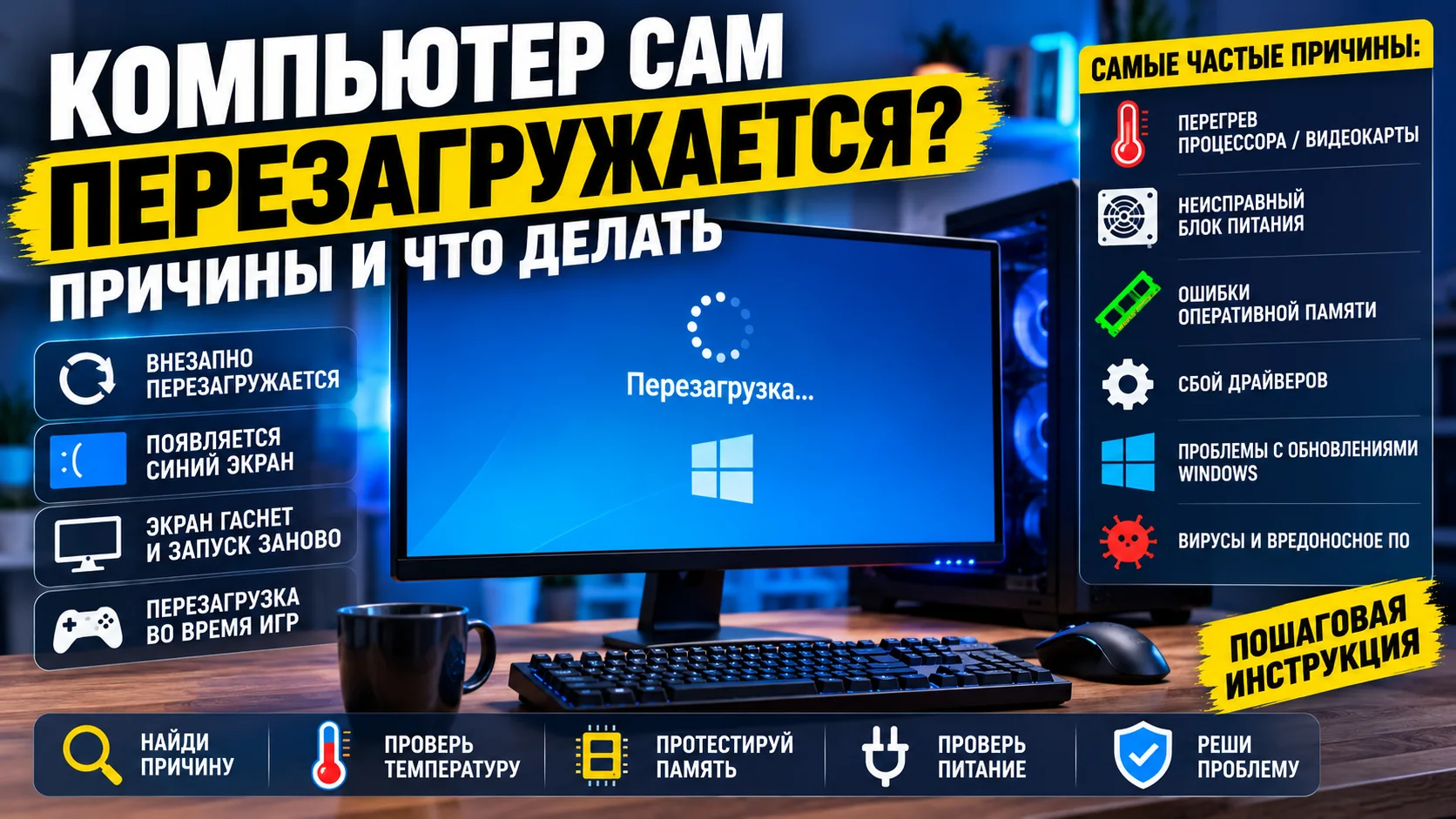Компьютер сам перезагружается во время работы, на экране показана диагностика причин в Windows 10 и 11