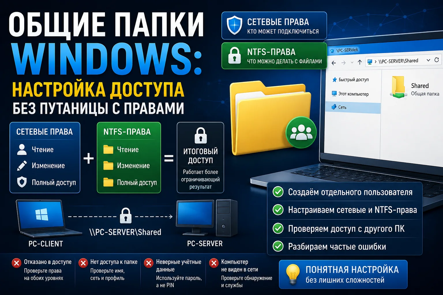 Схема настройки общей папки в Windows: два компьютера PC-SERVER и PC-CLIENT, папка Shared и сетевой путь \\PC-SERVER\Shared на спокойном сером фоне.