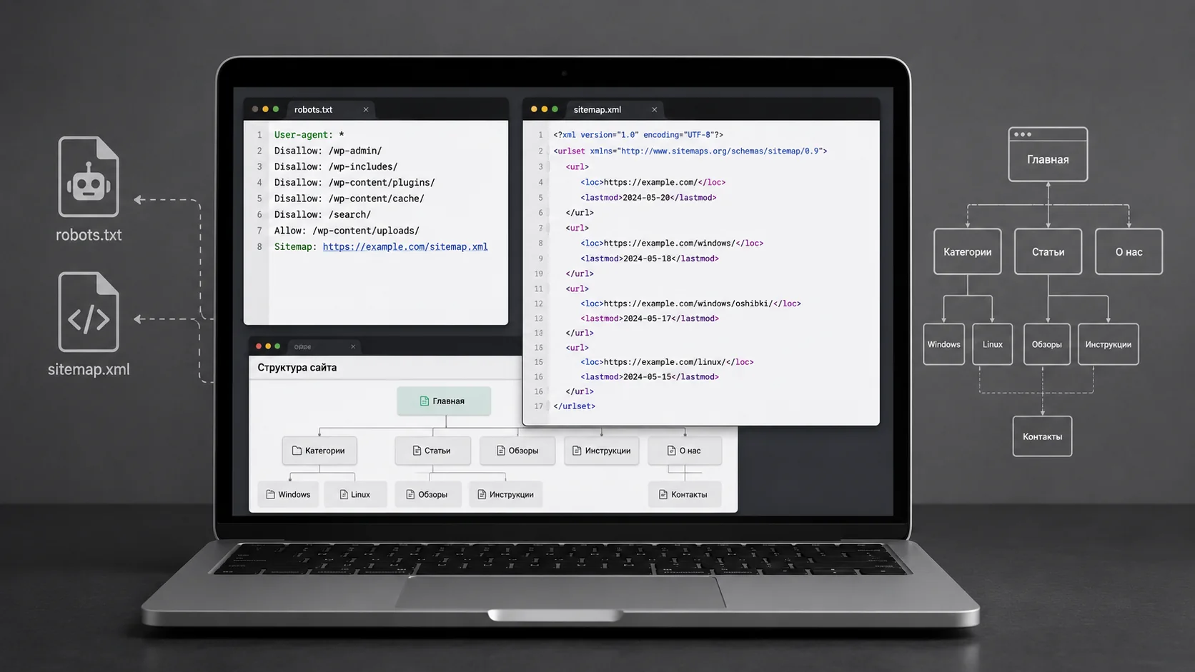 Ноутбук с открытым кодом файлов robots.txt и sitemap.xml на экране, схема структуры сайта на сером фоне