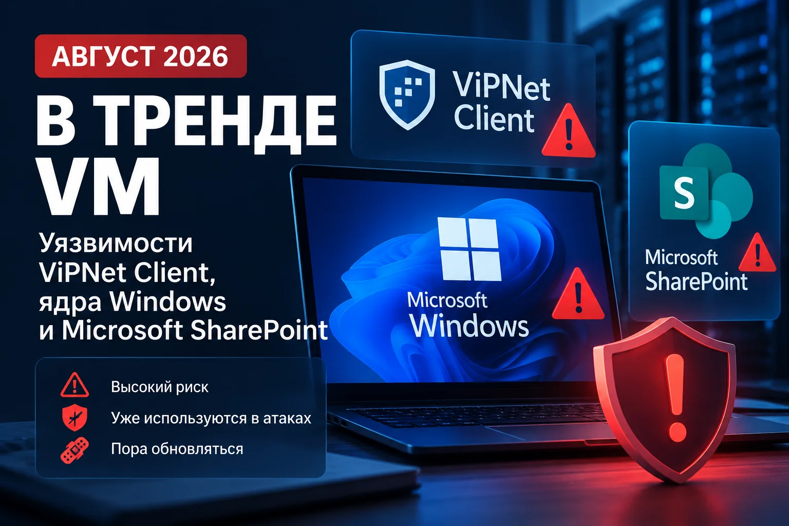 Обложка статьи об уязвимостях ViPNet, Windows и SharePoint в августе 2026 года