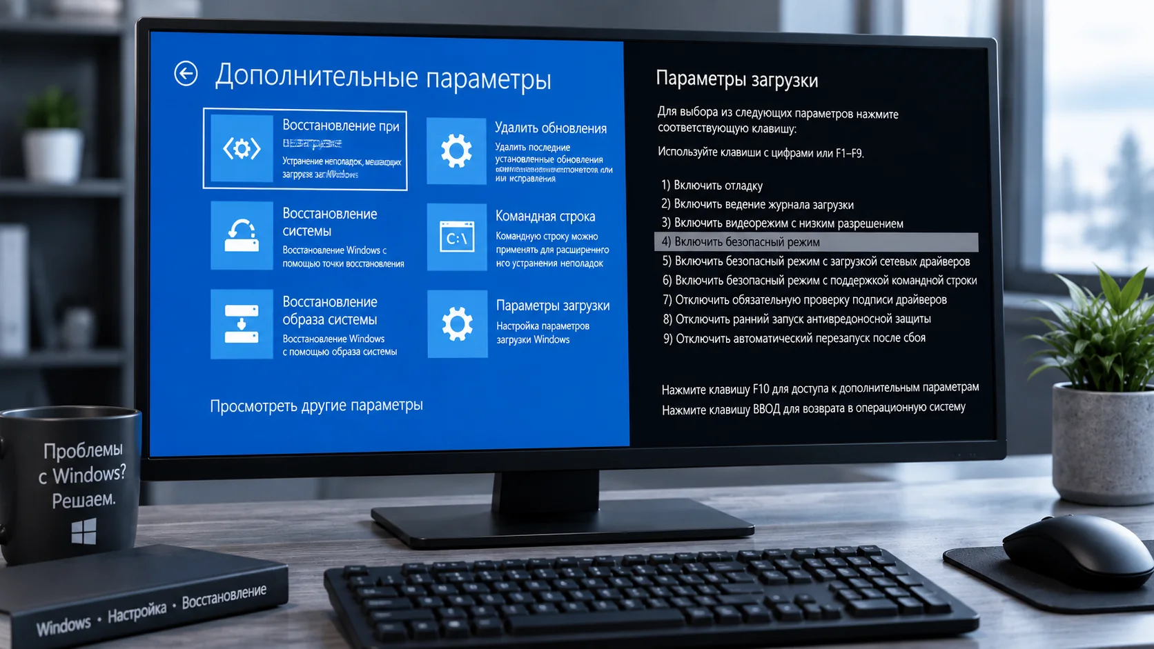 Экран параметров восстановления Windows и меню выбора безопасного режима на мониторе в спокойной серой рабочей обстановке